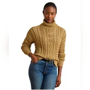 NWT Lauren Ralph Lauren Metallic Gold Cable Knit Turtleneck Sweater Size Medium
